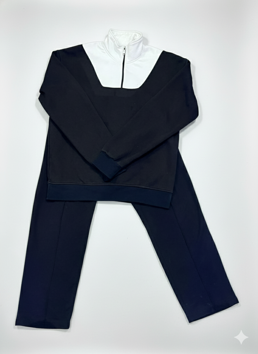 Suede Zipper Shirt: quarter-zip, slim fit; Old Money Trousers: pleated, straight leg.