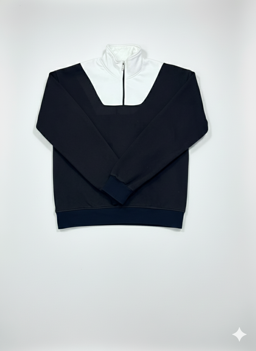 Suede Zipper Shirt: quarter-zip, slim fit; Old Money Trousers: pleated, straight leg.